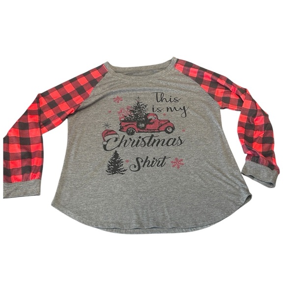 Christmas Shirt Red Plaid Raglan Truck Tree Holiday‎ Top - Picture 1 of 4